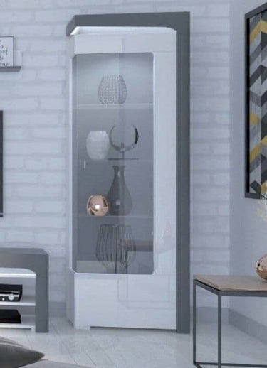 Athens Grey and White Gloss Right Display Cabinet with Glass Door and LED Lighting - UK Luxury Furniture